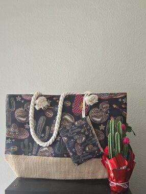 Black Skull & Cactus Rope-Handle Tote
